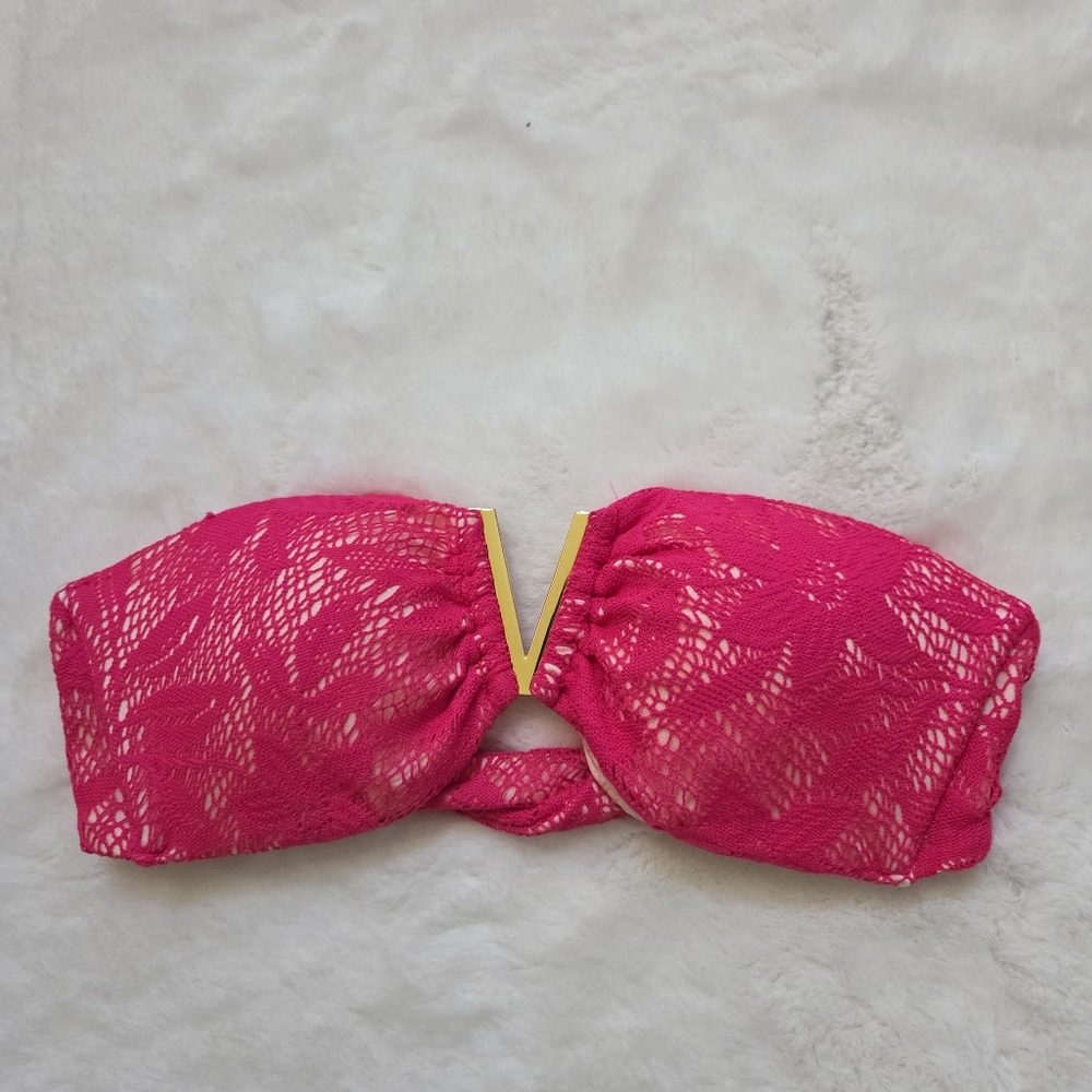 Victoria's Secret Pink Lace Bandeau bikini Top gold Tone V Front Size M - Picture 2 of 8